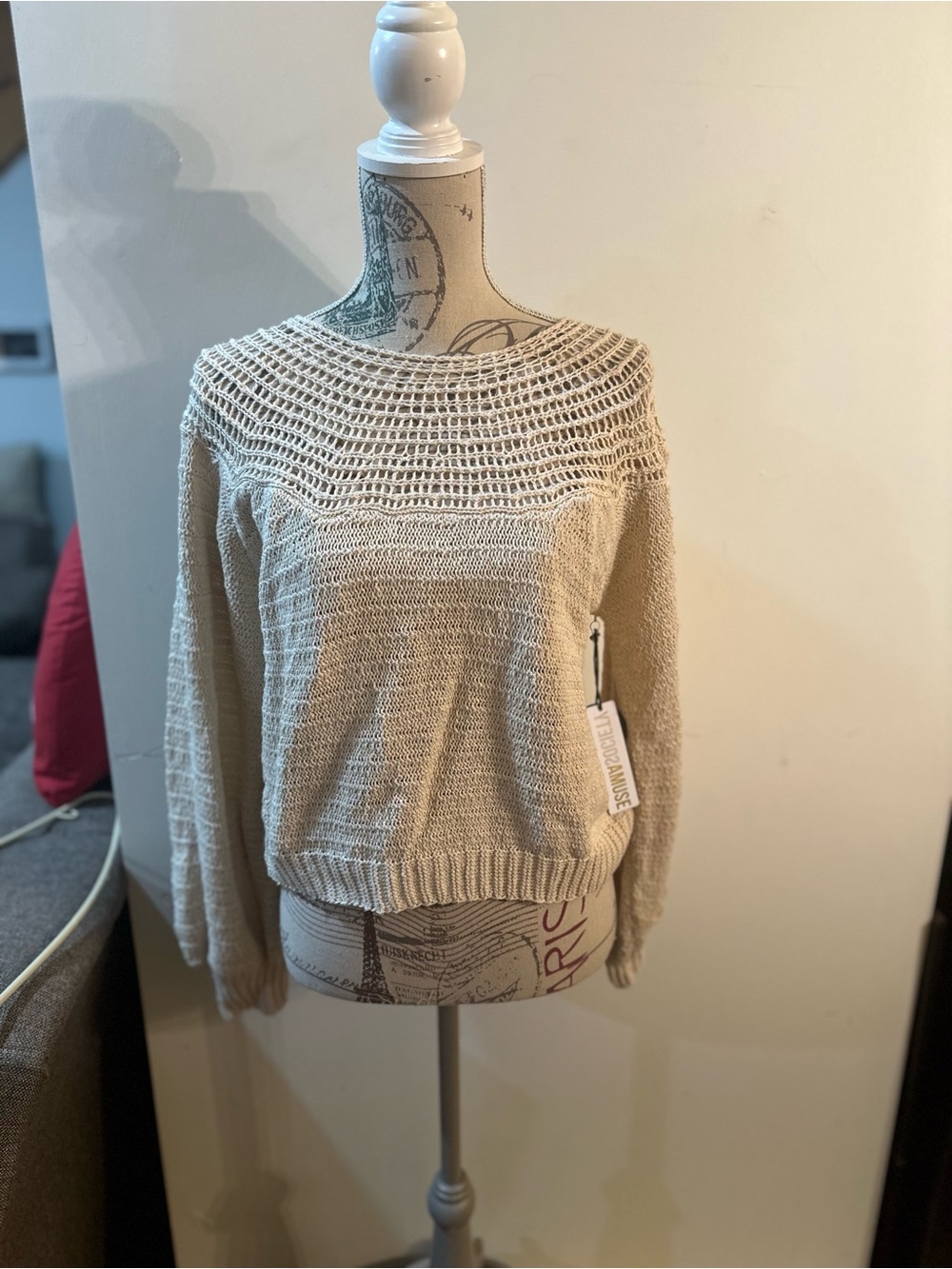 Amuse Society Open-Weave Scoopneck Sweater in Beige
